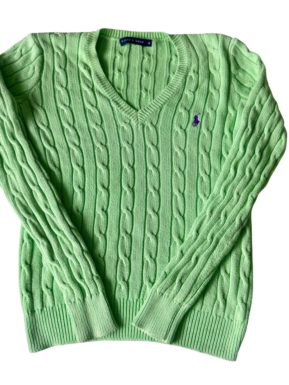 Vintage Y2K Ralph Lauren Women’s Green V-Neck Cotton Cable-Knit Sweater Size M